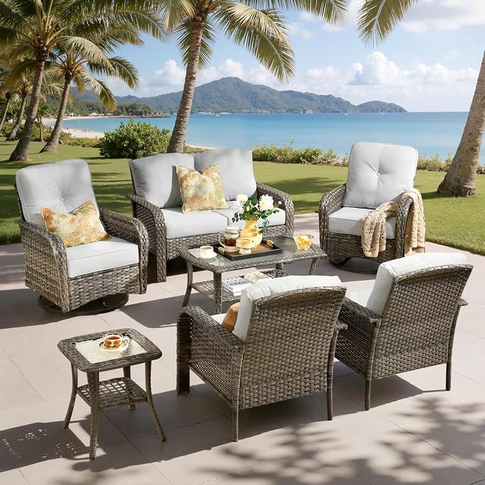 7-Piece Outdoor Patio Furniture Set with Swivel Chairs, Outdoor Conversation Wicker Sofa with Coffee Table, Rattan Couch for Deck Yard Poolside, Grey