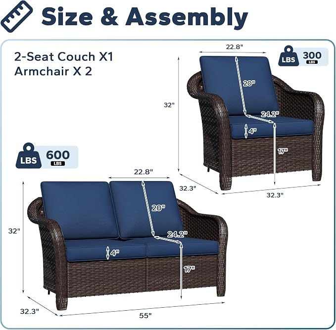 3 Pieces Outdoor Patio Conversation Set, 55" Couch, 2 Chairs, Rattan Wicker Conversation Furniture with Removable Cushions for Bistro, Deck (Navy Blue)