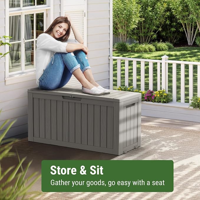 Mars Villa 72 Gallon Deck Box, Waterproof Weatherproof and UV Resistant Resin Storage Bin with Lockable Lid, Ideal for, Outdoor, Patio Furniture Cushions, Pool Supplies, Garden Tools, Grey