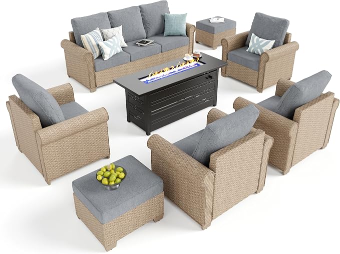 Patio Furniture Set 8 pcs, Wicker Rattan Outdoor Furniture with 5.5” Thick Cushions, 3-Seat Sofa, 4 Chairs, 2 Ottomans and 56" Fire Pit Table, Outdoor Conversation Set for Backyard Deck, 9 Seats Grey