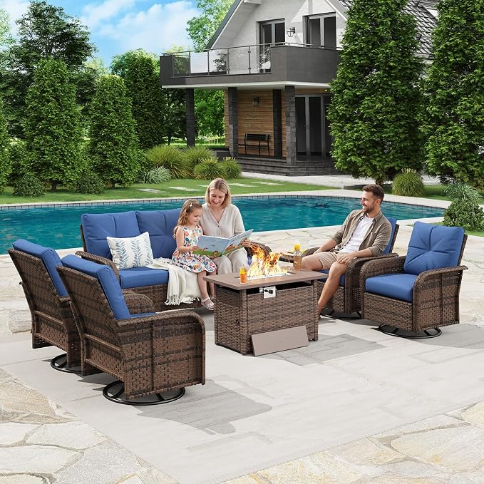 LazySunsets Luxury 10-Piece Patio Furniture Set with 44'' Fire Pit Table, Wicker Rattan Sofa with Thick Cushion, Outdoor Conversation Set for Backyard, Poolside & Garden, Brown/Navy Blue