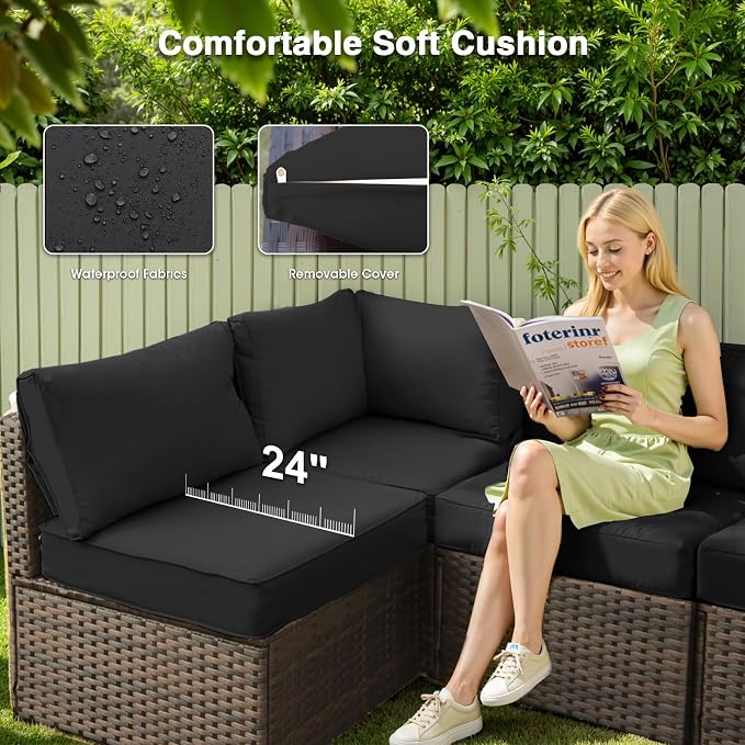 5 Piece Patio Furniture Set with Fire Pit Table, Outdoor Sectional Sofa PE Rattan, Patio Conversation Sets with Cushions for Garden Lawn Balcony Porch Deck Black