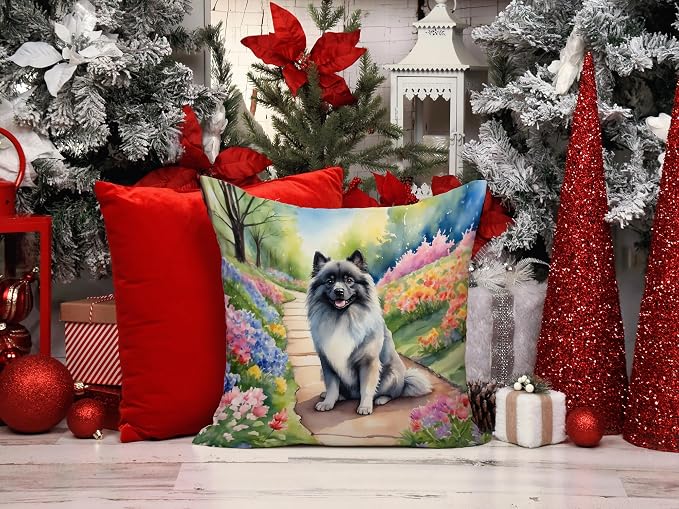 Caroline's Treasures Keeshond Spring Path Throw Pillow Machine Washable, Indoor Outdoor Decorative Pillow for Couch, Bed or Patio, 14Hx14W