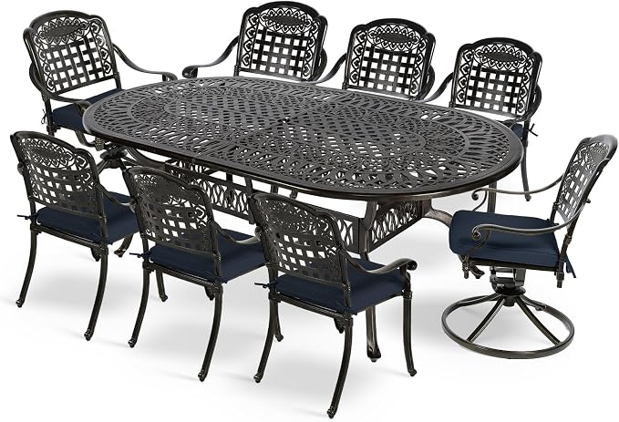 MEETWARM 9-Piece Outdoor Patio Dining Set, All-Weather Cast Aluminum Patio Conversation Set with 6 Stationary, 2 Swivel Rocker Chairs, 1 Oval Table, 8 Cushions, 2" Umbrella Hole, Navy Blue