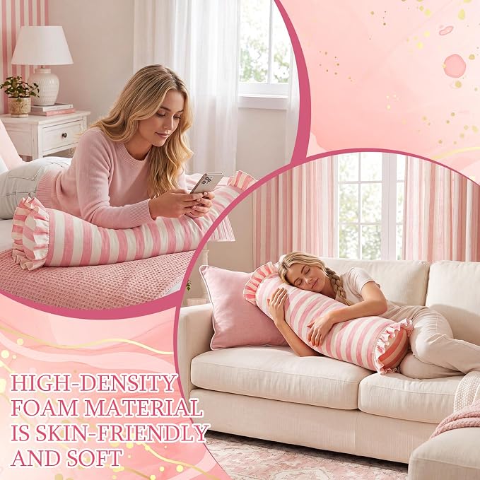 2 Pack Pink Striped Bolster Pillows with Ruffle, 6" x 22" Linen Waterproof Cylindrical Pillow Indoor Outdoor for Bed Sofa Couch, Modern Farmhouse Bedroom Living Room Home Decor