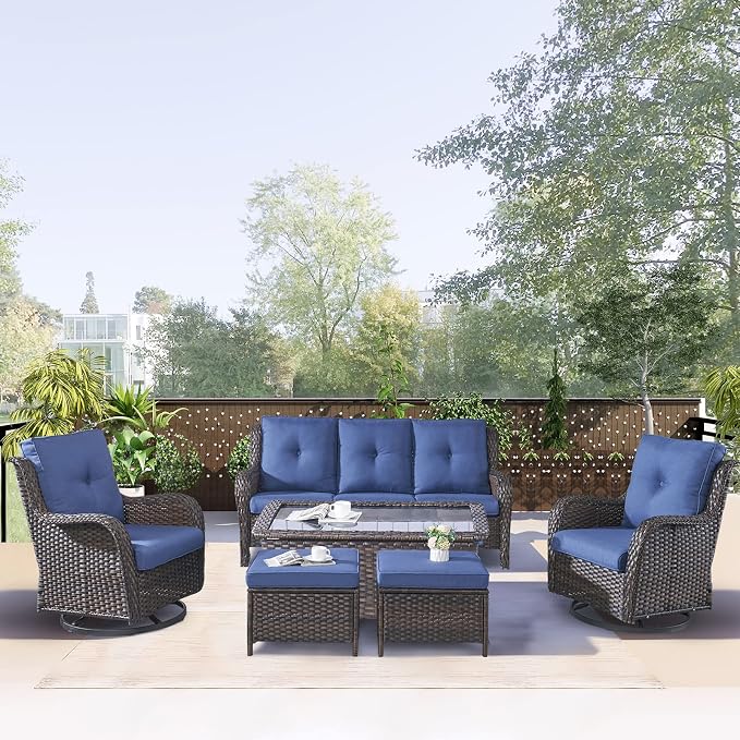 Rilyson 6 Piece Outdoor Patio Furniture Set - Rattan Wicker Patio Conversation Sets with 2 Swivel Rocker Chairs,2 Ottomans,1 Sofa and 1 Coffee Table for Outside Porch Deck Backyard(Brown/Blue)