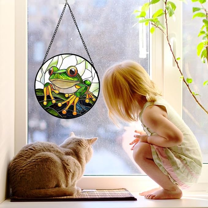 DASTOLL Stained Glass Window Hanging, Green Frog White Petals Sun Catchers Colorful Glass Panel Cute Suncatcher Decor for Birthday for Women, Men, Wife, Aunt, and Mom 7.8 in
