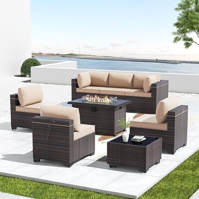 Kullavik 8 Pieces Outdoor Patio Furniture Set,Sectional Sofa Set with 43" 55000 BTU Gas Propane Fire Pit Table,Brown PE Rattan Wicker Patio Conversation Set,Sand