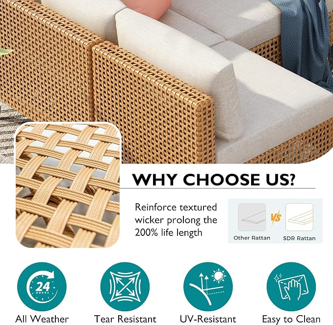 YOPTO 7-Piece Outdoor Conversation Sectional Sofa Set with Water Resistant Thick Cushions & Coffee Table,Wicker Patio Furniture Set W/Removable Cushions Cover,DIY Combination,for Porch,Backyard,Beige