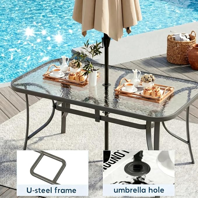 Arlopu 7-Piece Outdoor Table and Chairs for 6, Outdoor Dining Set W/Rectangle Glass Table and Patio Textilene Stackable Chairs, Patio Furniture Set W/Umbrella Hole (Grey Table & Black Chair)
