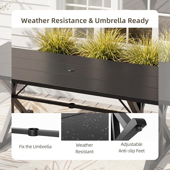 5 Pieces Patio Dining Set Outdoor Conversation Set,Metal Outdoor Furniture Set with Umbrella Hole Cut-Out 78.7" x 35.4" Table and 4 Metal Backrest Swivel Chairs for Backyard,Garden,Sand