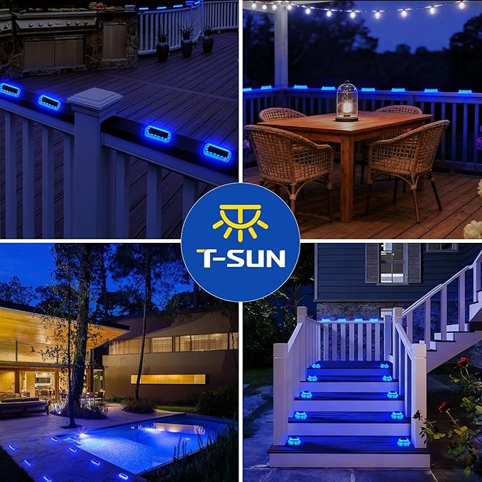 T-SUN Solar Deck Lights Outdoor Waterproof, Deck Lights Solar Powered, Driveway Marker Light for Fence Front Door, Step, Stair, Garden, Sidewalk, Pathway, Dock Porch, Backyard (Blue, 4 Packs)
