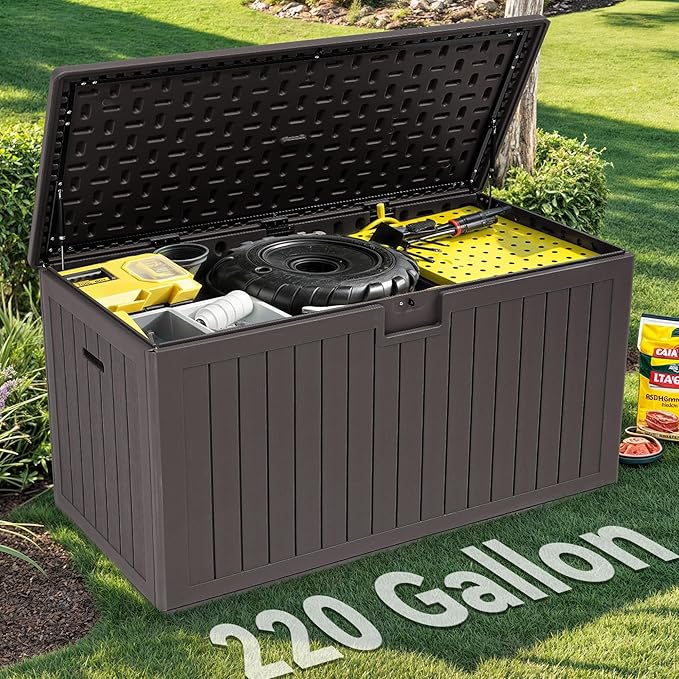 YITAHOME 220 Gallon Double-Wall Deck Box with Divider & Side Handles, Outdoor Large Storage for Patio Furniture Cushions, Garden Pool Accessories, Water Resistant & Lockable