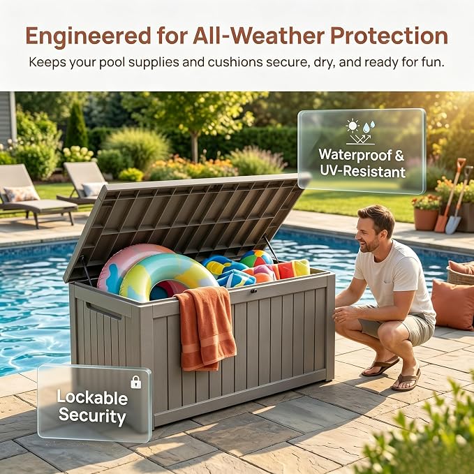 Large 258 Gallon Resin Deck Box, Heavy Duty Lockable Patio Storage Box Outdoor, Waterproof Tool Box for Garden Furniture Cushions & Pool Supplies, Wood Grain Outdoor Storage Bench for Backyard