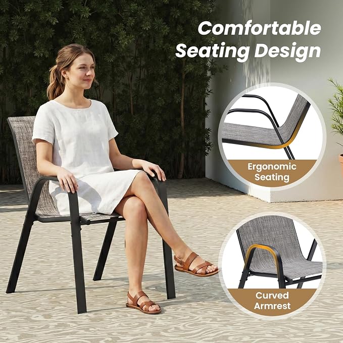 Soohow Outdoor Dining Set for 6, Outdoor Patio Dining Set 6 x Stackable Chairs & 1 x Wood-Like Outdoor Table with Umbrella Hole, All-Weather Patio Table and Chairs for Poolside, Backyard and Porch