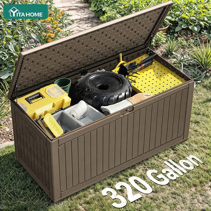 YITAHOME 320 Gallon Extra Large Deck Box, Double-Wall Resin Outdoor Storage Box with Flexible Divider for Patio Cushions Garden Tools, 1000lbs Load Capacity, Lockable & Waterproof (Light Brown)