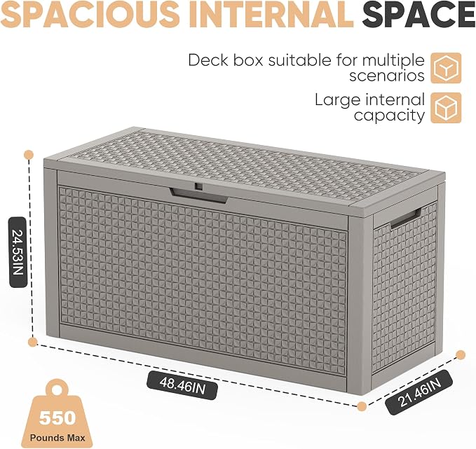 EasyUp 110 Gallon Deck Boxes Outdoor Waterproof, Resin Outside Storage Box for Patio Cushion Furniture Pool Accessories Garden Tools Indoor Outdoor Storage Bench (110 Gallon, Grey)