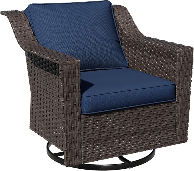 Outdoor Furniture Swivel Chair, Patio Glider Wicker Rocker Seating with Cushions for Porch Deck Balcony (Blue)
