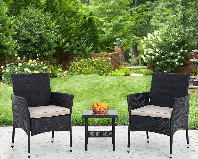 PayLessHere 3 Piece Furniture Patio Chairs Wicker Outdoor Rattan Conversation Bistro Set for Backyard Porch Poolside Lawn (Black)
