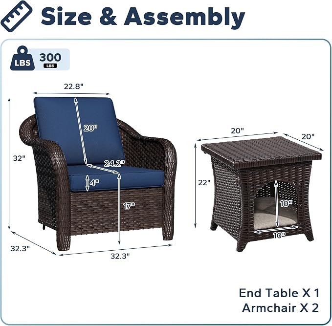 Patio PE Rattan Chairs Set of 2 with Cat Nest End Table, All-Weather & Steel Frame Outdoor Conversation Furniture Set with Washable Cushions for Garden, Bistro, Deck, Yard (Navy Blue)
