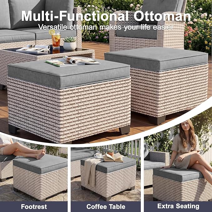 Patio Furniture Set, 10-Piece Outdoor Sectional Sofa with 60,000 BTU Fire Pit Table & Ottomans, Wicker Patio Conversation Set with Coffee Table, Gray Cushions
