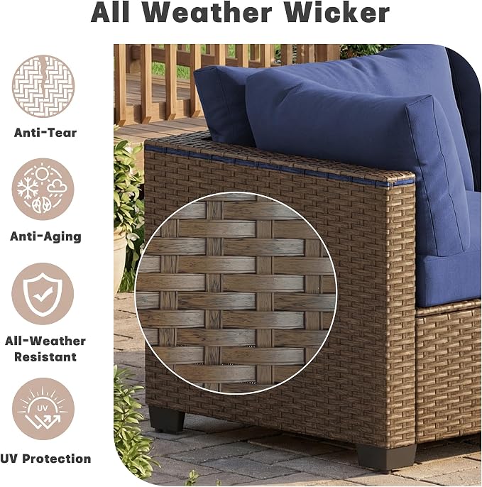 Patio Furniture Set 7 Pieces Conversation Set Wicker Outdoor Sectional Sofa,Ergonomic Armrests Couch with Cushion and Glass Table (Brown-Navy, 7 Piece-Double)