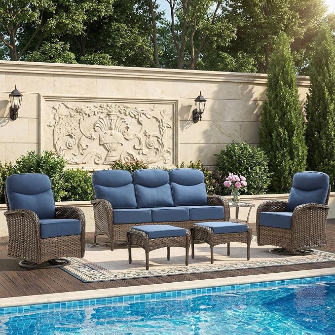 High Back Luxury Patio Furniture Set with 6-inch Thick Cushion, Swivel Rocker Patio Chairs with Outdoor Couch, 6 Piece Wicker Conversation Set for Deck Yard Garden Balcony Blue Cushion