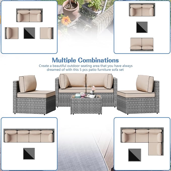 Patio Furniture Sets, 5 Piece Outdoor Sectional Sofas, Wicker Rattan Outdoor Furniture Patio Conversation Set, All-Weather PE Rattan Outdoor Couch for Backyard, Garden, Gray & Khaki