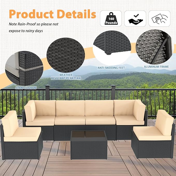 AECOJOY 7 Piece Outdoor Patio Furniture Set, Outdoor Sectional Conversation Furniture Chair with Coffee Table,Patio Sectional for Garden,Backyard(Khaki Cushions and Black PE Rattan)
