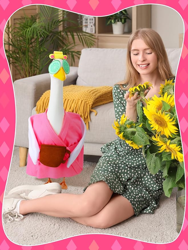 Outus Lady Bathrobe Goose Outfits Set Includes Rose Red Bathrobe Hat Rollers and Cucumber Eye Mask Summer Pink Spa Funny Goose Porch Clothing for 23'' Outdoor Garden Yard Patio Lawn Statue