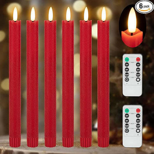 JOIONE Flameless Taper Candles with Remote Timer, 9.6" Red Real Wax Flickering Battery Operated Warm Light Electric LED Candle, Perfect for Christmas Party Wedding Decoration (6 Pack)