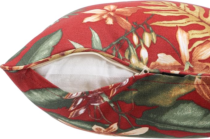 Outdoor Throw Pillow with Insert 18x18 Inch, Set of 2, Piping Edge Waterproof Fade Resistant Decorative Fluffy Pillows for Patio Furniture Chair Bench Couch Sofa - Red Floral