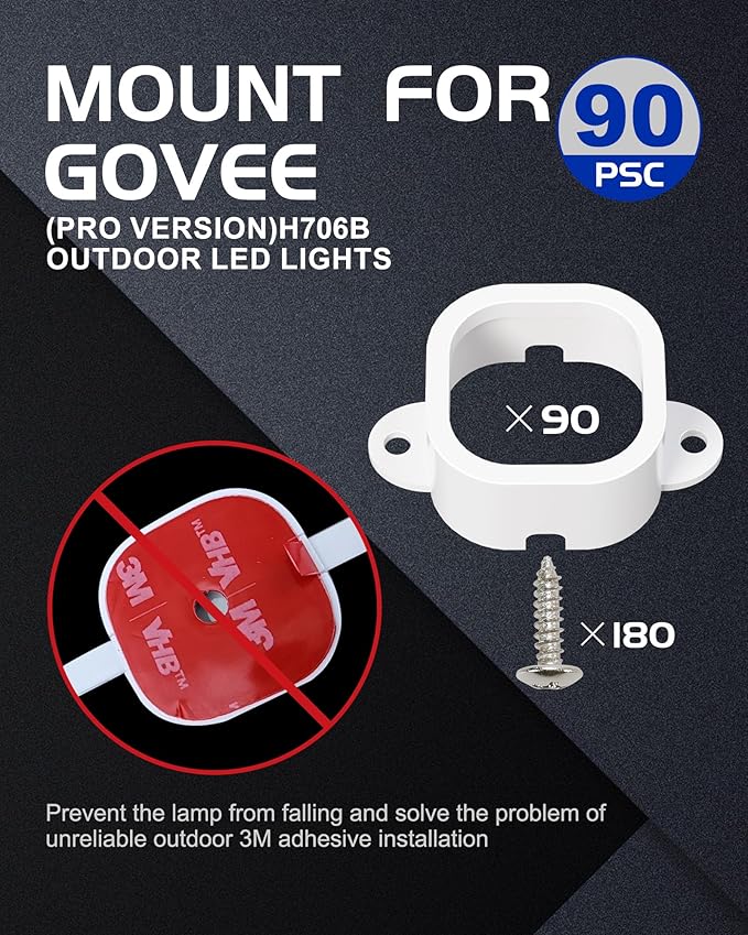 Light Clips for Govee Pro Outdoor Lights H706/H806, 90 Pcs Mounting Brackets, Install Firmly, Replace 3M Glue, for Govee Pro Permanent Outdoor Lights Extension（White）