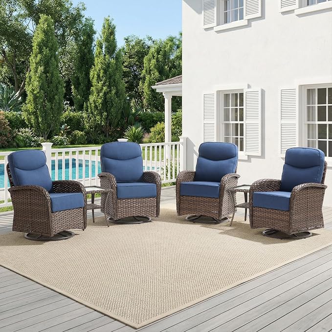 HUMMUH 4PCS Outdoor Swivel Rocker Patio Chairs with 6-inch Thick Cushion, Luxury High Back Patio Furniture Set,Wicker Conversation Set for Deck Yard and Poolside
