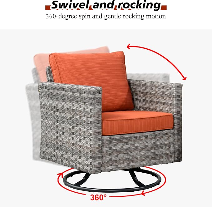 HOOOWOOO Outdoor Patio Sectional Furniture Sofa Set with Swivel Rocking Chair,8 Piece Modern Wicker Couch with Widened Armrest,Modular Conversation Seating Set for Garden(Orange Red)