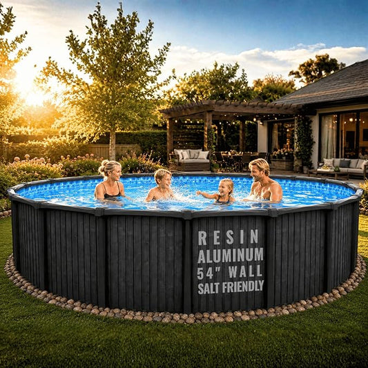 30 FT 54-Inch Round Above Ground Swimming Pool Kit | Saltwater Friendly Aluminum Wall Pool Set with Heavy Duty Premium Resin Top Rails & Uprights | Includes 20 Mil Overlap Liner, Skimmer & Return