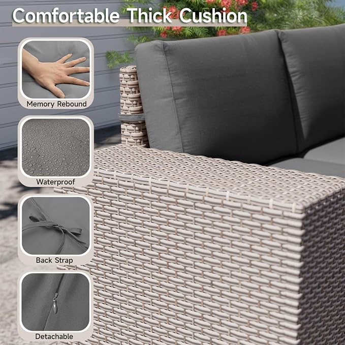 12-Piece Outdoor Patio Furniture Set, Modular Sectional Sofa Set with Glass Coffee Table and Cushions, Wicker Outdoor Couch Conversation Sets, Gray