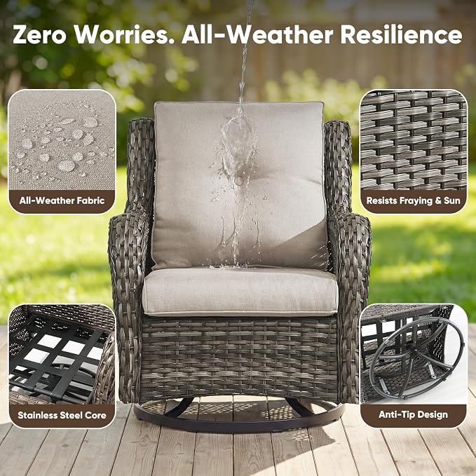 Belord Patio Furniture Set with Fire Pit Table,8 Piece Wicker Outdoor Furniture Set, Swivel Rocker Chairs with Ottomans and Sectional Couch, All Weather Patio Conversation Set, Gray Wicker/Beige