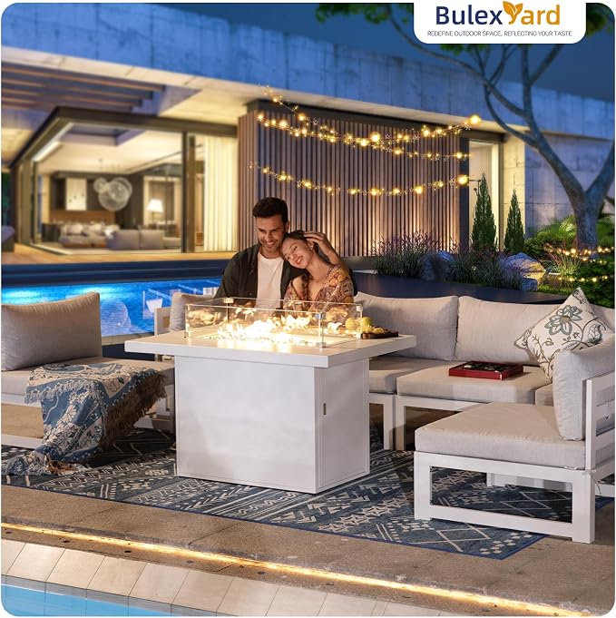 BULEXYARD 9 Pcs Luxury Aluminum Outdoor Sectional Sofa with Rectangular Fire Pit Table, Oversized L Shaped Patio Furniture Set, 29" Deep Wide Seat, 500 lbs Heavy Duty Conversation Set for Yard, White