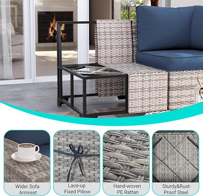 8-Piece Outdoor Patio Furniture Set Wicker Rattan Sectional Sofa Set with Ottomans, Patio Conversation Set with Thickened Cushions & Coffee Table for Garden, Backyard, Navy Blue