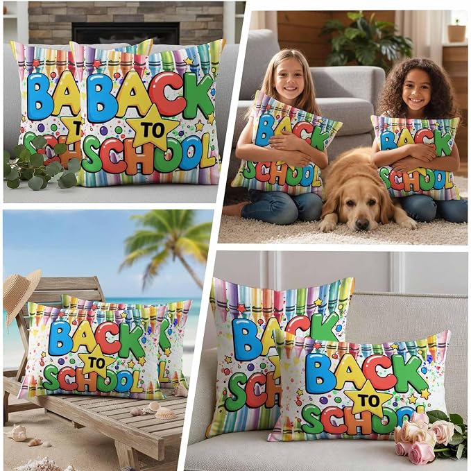 Outdoor Waterproof Pillow Covers for Patio Back to School Decorative Throw Pillow Cover Colorful Crayon School Season Pillowcases Set of 2 Cushion Case for Sofa Couch Chair 12x20 Inch