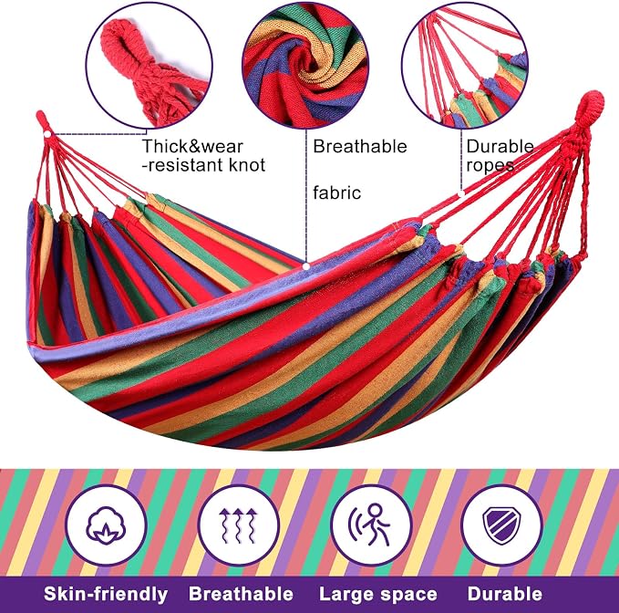 Windyun 2 Sets Cotton Canvas Hammock Large Double Hammock 400lbs Portable Camping Hammocks for Outside with Carrying Bag Sturdy Metal Knot Ropes and Tree Straps for Travel Patio Garden Backyard (Red)