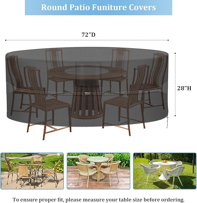 RICHIE Round Patio Furniture Covers - 600D Heavy Duty Waterproof Outdoor Table Cover, Lawn Furniture Set Covers for Dining Table and Chairs Seating 72"DIAx28"H