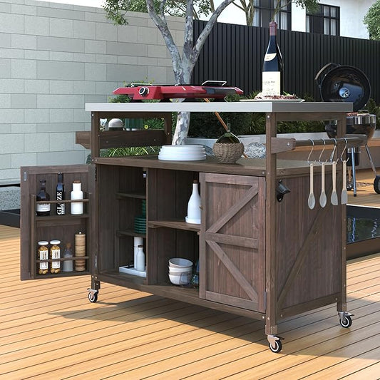 Outdoor Deck Box Storage Cabinet with Stainless Steel Countertop, 50 Inch Solid Wood Patio Storage Box on Wheels for Garden Tools, Grill Prep, and Pool Accessories, Dark Brown