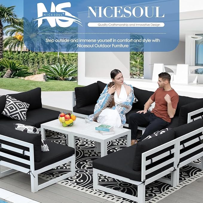 NICESOUL Large Luxury Aluminum Outdoor Sectional Sofa with Side Table, Weather Resistant Modular Patio Furniture Set for 10 People, 500 lbs Heavy Duty Conversation Couch for Poolside Lawn, Black