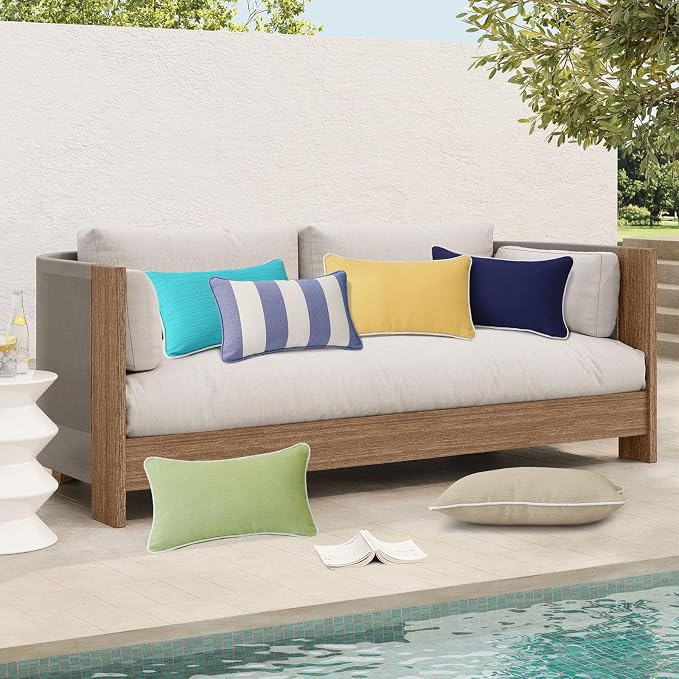 Unimatta Decorative Outdoor Water Repellent Throw Pillows with Inserts, Set of 4, 20" x12" Pillows for Patio, Backyard, Bed, Couch, and Patio Furniture, Navy Stripe