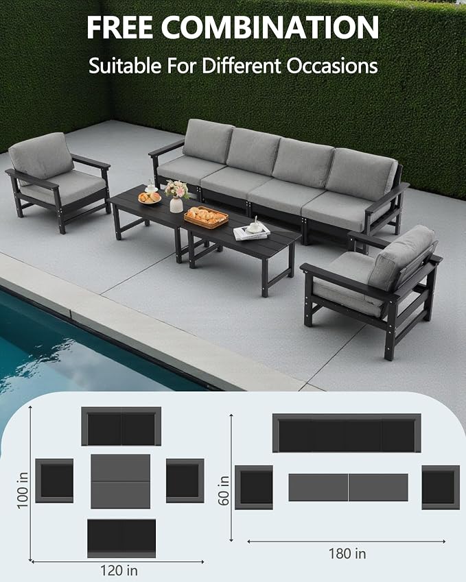 HDPE Outdoor Patio Furniture Set, 8-Piece Sofa Set with 4-Seat Couch, 2 Armchairs & 2 Coffee Tables, Weatherproof Conversation Set with Cushions, All-Weather Waterproof, for Garden, Porch & Backyard