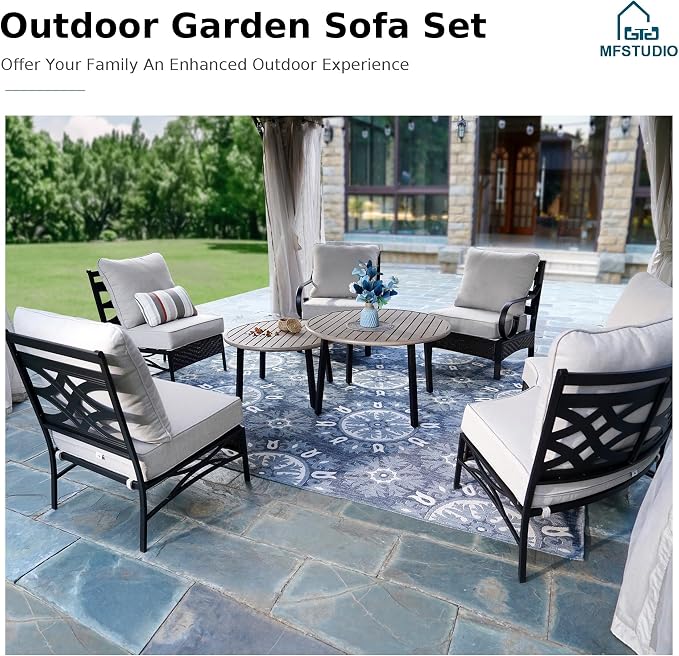 MFSTUDIO Patio Furniture Set, 6 Seats Half-Moon Curved Outdoor Sectional Sofa Conversation Set with 2 Wood-Like Round Table, Woven Rattan Patio Couch for Backyard, Garden, Deck