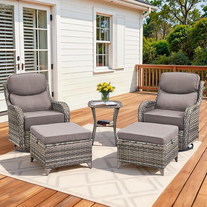 Luxury Outdoor Swivel Rocker Patio Chairs Set of 5, High Back Swivel Patio Chairs with Side Table & 6" Thick Cushions, Ottomans, Wicker Outdoor Bistro Set for Porch, Yard, Deck, Poolside, Grey