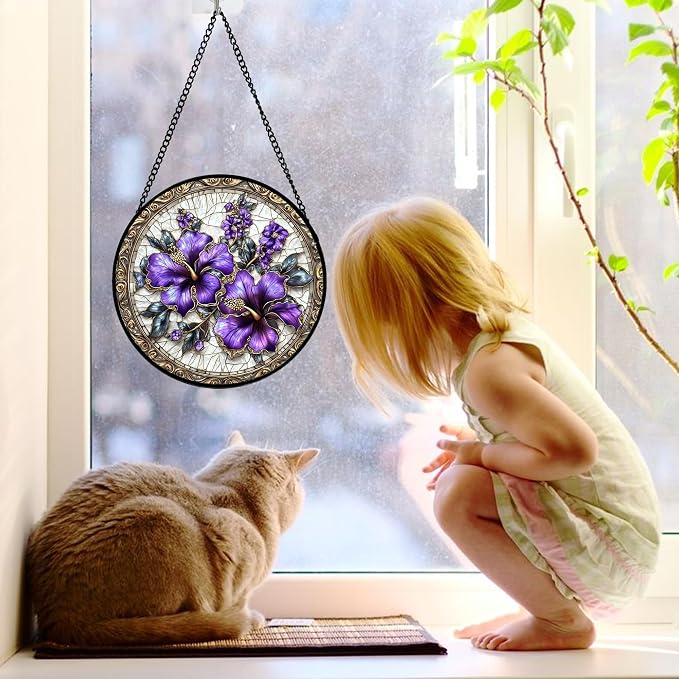 DASTOLL Stained Glass Window Hanging, Purple Flowers Romantic Suncatcher for Doors Home Sun Catchers Decoration and Christmas, Mother's Day Birthday Gifts for Women, Men, and Mom 7.8 in